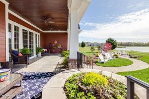 Outside living space overlooks lake